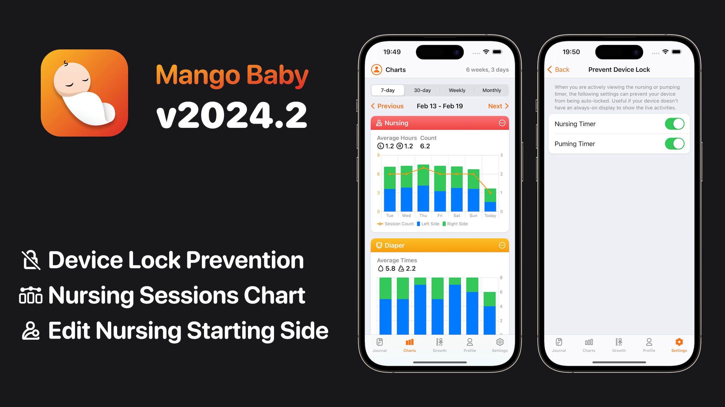 Mango Baby v2024.2 adds support for nursing sessions chart, editing nursing starting side, and device lock prevention option.