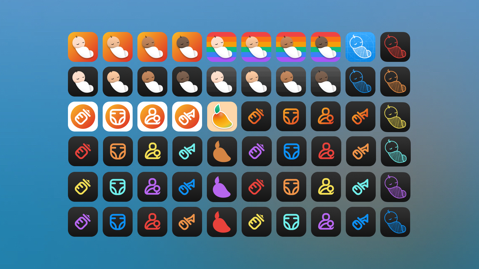 Mango Baby's 14 custom app icons in light mode, dark mode, and tinted in colors.