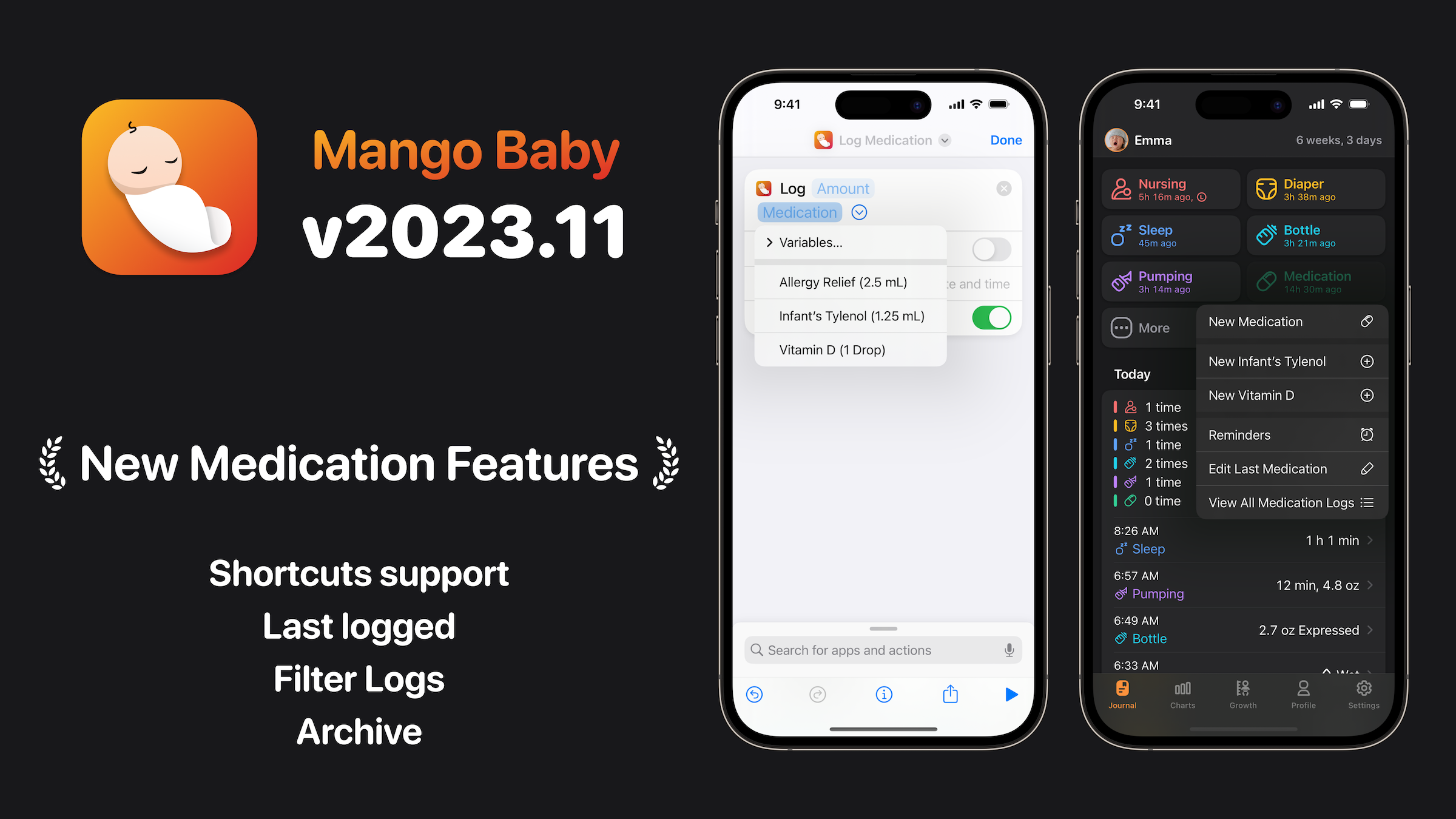 Mango Baby v2023.11 brings a number of enhancements to medication logs.