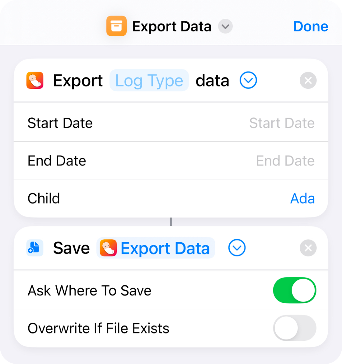 Screenshot of a Shortcut with Export Data and Save File actions