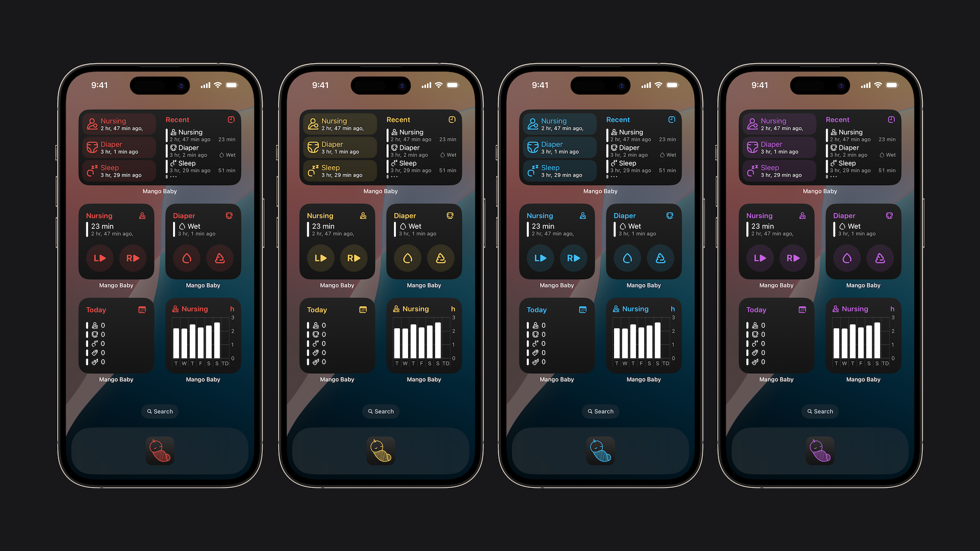 Mango Baby's comprehensive and interactive set of widgets, tinted.